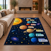 solar system planet learning chart rug displayed in a living room with a fireplace
