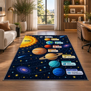 solar system planet learning chart rug displayed in a lounge with wooden shelves
