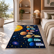 solar system planet learning chart rug displayed in a bedroom in sunlight