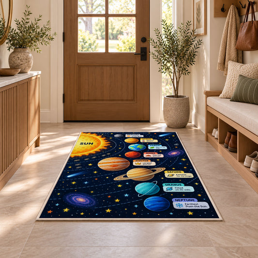 solar system planet learning chart rug displayed in a entryway beside a wooden door
