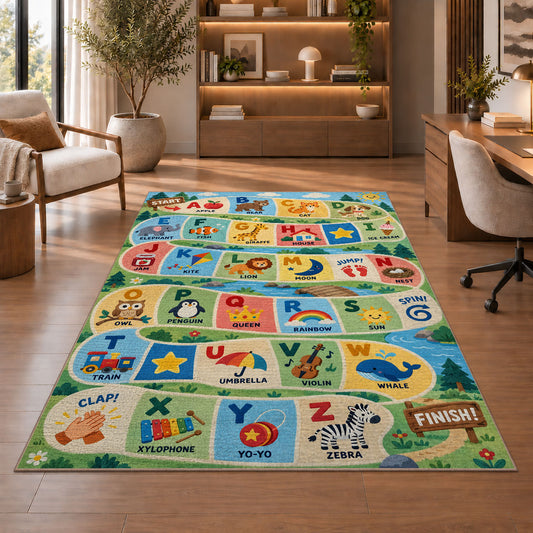 alphabet adventure path rug displayed in a living room with wooden shelves