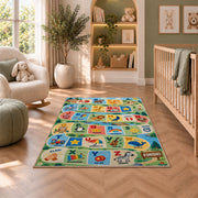 alphabet adventure path rug displayed in a nursery beside an upholstered chair