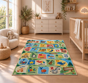 alphabet adventure path rug displayed in a nursery beside a crib