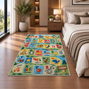 alphabet adventure path rug displayed in a bedroom beside the bed