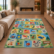 alphabet adventure path rug displayed in a living room with a fireplace