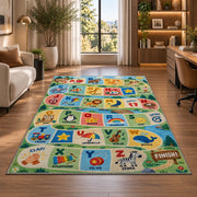 alphabet adventure path rug displayed in a lounge with wooden shelves