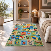 alphabet adventure path rug displayed in a bedroom in sunlight