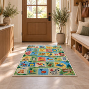 alphabet adventure path rug displayed in a entryway beside a wooden door