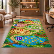 farm number trail learning rug displayed in a living room with wooden shelves
