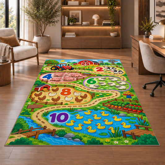 farm number trail learning rug displayed in a living room with wooden shelves