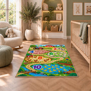 farm number trail learning rug displayed in a nursery beside an upholstered chair