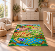 farm number trail learning rug displayed in a nursery beside a crib