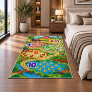 farm number trail learning rug displayed in a bedroom beside the bed