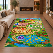 farm number trail learning rug displayed in a living room with a fireplace