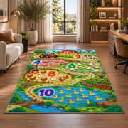 farm number trail learning rug displayed in a lounge with wooden shelves