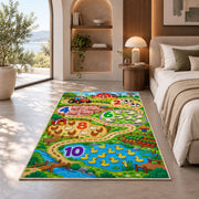 farm number trail learning rug displayed in a bedroom in sunlight