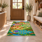 farm number trail learning rug displayed in a entryway beside a wooden door