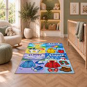 weather clothing match rug displayed in a nursery beside an upholstered chair