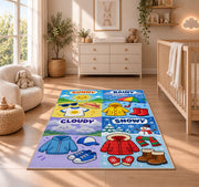 weather clothing match rug displayed in a nursery beside a crib