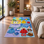 weather clothing match rug displayed in a bedroom beside the bed