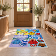 weather clothing match rug displayed in a entryway beside a wooden door