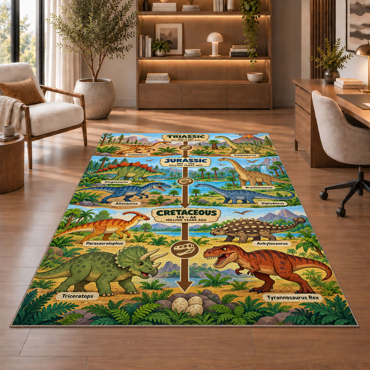 green dinosaur era timeline rug displayed in a living room with wooden shelves