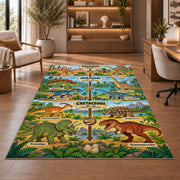 green dinosaur era timeline rug displayed in a living room with wooden shelves