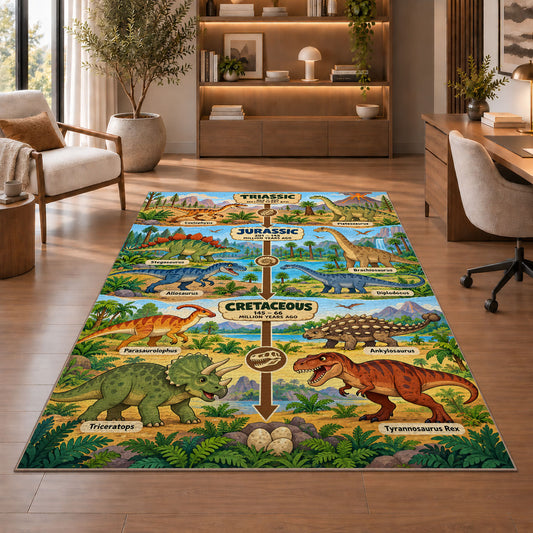 green dinosaur era timeline rug displayed in a living room with wooden shelves