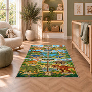 green dinosaur era timeline rug displayed in a nursery beside an upholstered chair