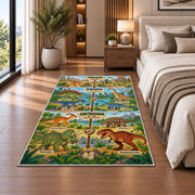 green dinosaur era timeline rug displayed in a bedroom beside the bed
