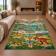 green dinosaur era timeline rug displayed in a living room with a fireplace