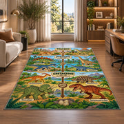 green dinosaur era timeline rug displayed in a lounge with wooden shelves