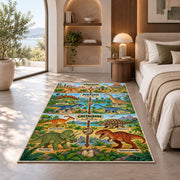 green dinosaur era timeline rug displayed in a bedroom in sunlight