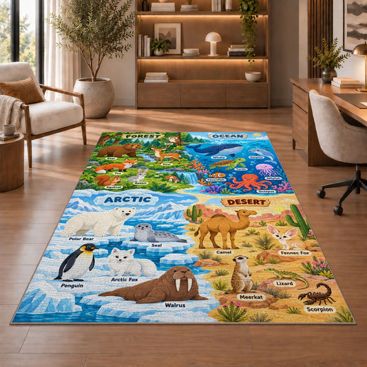 four habitat wildlife discovery map rug displayed in a living room with wooden shelves