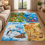 four habitat wildlife discovery map rug displayed in a sunlit lounge beside a sofa