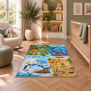 four habitat wildlife discovery map rug displayed in a nursery beside an upholstered chair