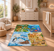 four habitat wildlife discovery map rug displayed in a nursery beside a crib