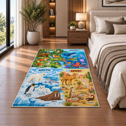 four habitat wildlife discovery map rug displayed in a bedroom beside the bed