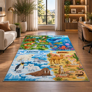 four habitat wildlife discovery map rug displayed in a lounge with wooden shelves