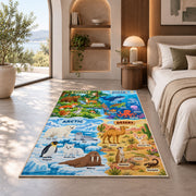 four habitat wildlife discovery map rug displayed in a bedroom in sunlight