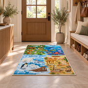 four habitat wildlife discovery map rug displayed in a entryway beside a wooden door