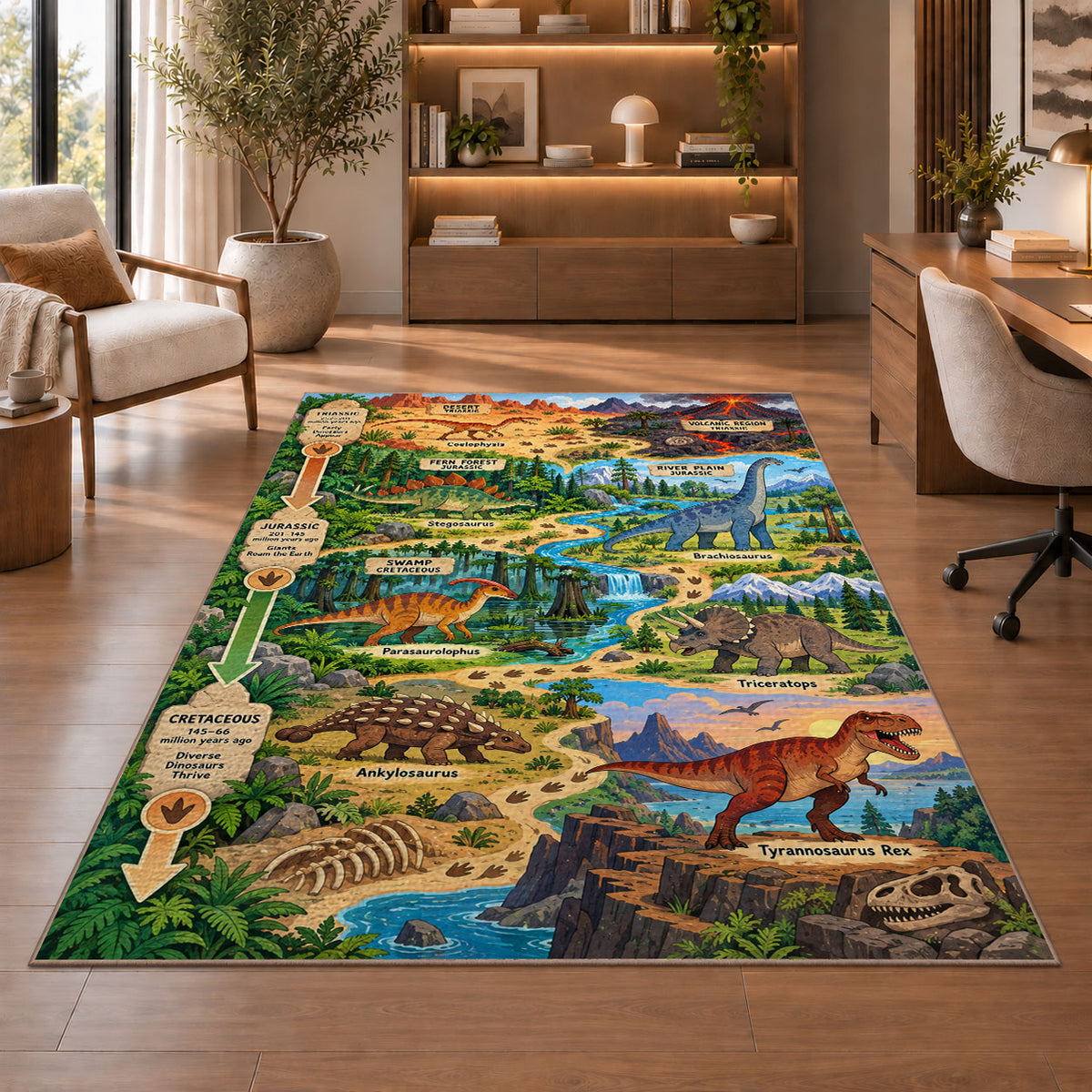 dinosaur fossil adventure trail rug displayed in a living room with wooden shelves
