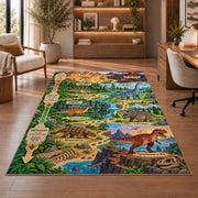dinosaur fossil adventure trail rug displayed in a living room with wooden shelves