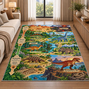 dinosaur fossil adventure trail rug displayed in a sunlit lounge beside a sofa