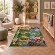 dinosaur fossil adventure trail rug displayed in a nursery beside an upholstered chair