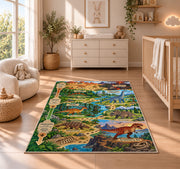 dinosaur fossil adventure trail rug displayed in a nursery beside a crib