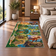 dinosaur fossil adventure trail rug displayed in a bedroom beside the bed