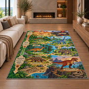 dinosaur fossil adventure trail rug displayed in a living room with a fireplace