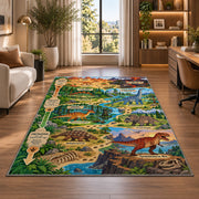 dinosaur fossil adventure trail rug displayed in a lounge with wooden shelves