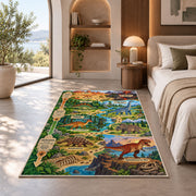 dinosaur fossil adventure trail rug displayed in a bedroom in sunlight